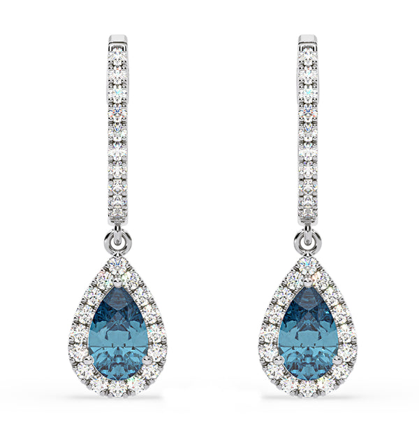 Diana Blue Lab Diamond 1.48ct Pear Halo Drop Earrings in 18K White Gold - Elara Collection